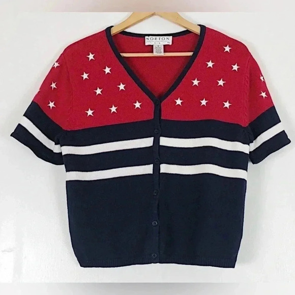Vintage Norton Studio American Flag Knit Sweater Cardigan Short Sleeves … - Picture 2 of 16